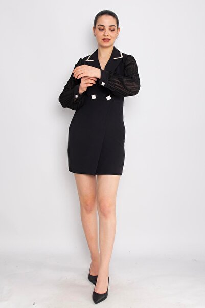 AYHAN 61992 Akordion Kol Yaka Taş Detay Kısa Krep Elbise