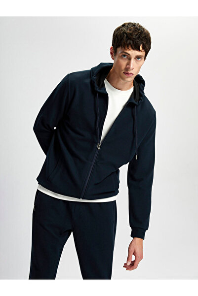 LC Waikiki Mg trenden navy blue Hooded long sleeve men's zippered sweatshirt