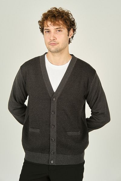 Ateş Triko Men's Pocket Detailed V-Neck Wool Cardigan 4490 Dark Gray