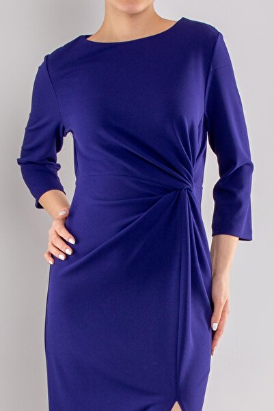 AYHAN 61923 Kollu Bisiklet Yaka Yandan Büzgülü Uzun Krep Elbise