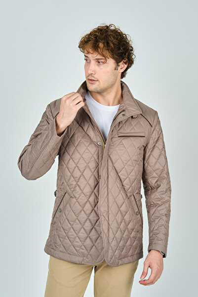 Allegro Μπεζ ανδρικό καπιτονέ μακρύ παλτό - γιακάς, φερμουάρ και κουμπωτό κλείσιμο 5444