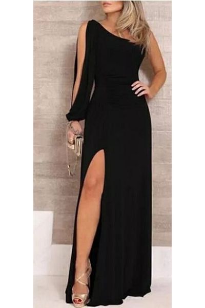 passense One Shoulder Open Deep Slit Crepe Full Length Dress
