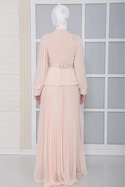 lodmela Omuz Ve Kemer Detaylı Pliseli Tesettür Abiye Elbise 816-Pudra