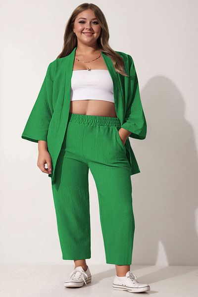 SUHIS Πλεκτό Σετ Πράσινο Παντελόνι Κιμονό Plus Size