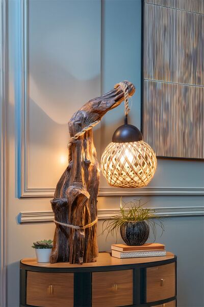 Celestia Büyük Boy Doğal Ağaç İskandinav El Yapımı Ahşap Lambader Abajur Oturma Odası Yatak Odası Rustik
