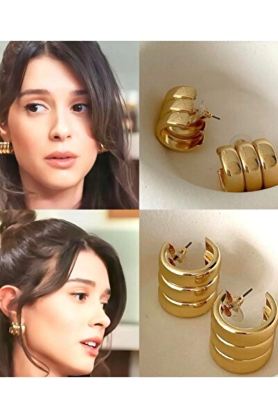 MutluBiDünya Kadın Premium 3 Sıra Çelik Gold Bombeli Küpe