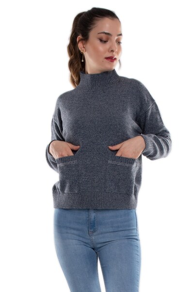 Sementa 32409 Dik Yaka Cepli Melanj Yünlü Kadın Triko Kazak