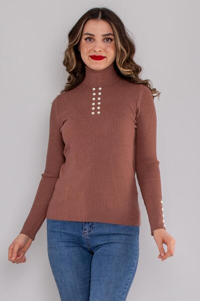 Sementa 32325 Tam Balıkçı Yaka Kol Düğmeli Triko Kadın Kazak