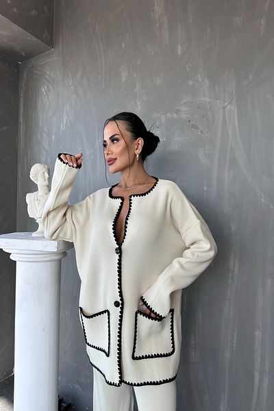 kamacibutik Crew Neck Double Jacket Trousers Knitwear Set