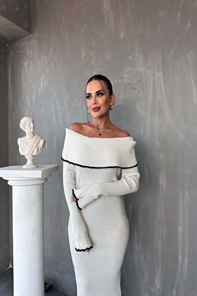 kamacibutik Πλεκτό φόρεμα Madonna Collar με ραβδώσεις