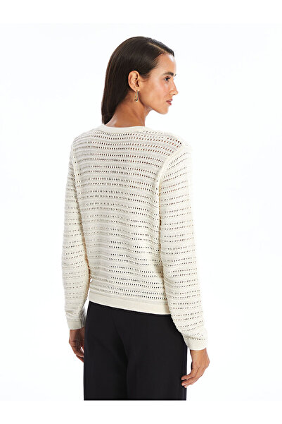 LC Waikiki Ecru Crew Neck Openwork Long Sleeve Women's Knitwear Cardigan