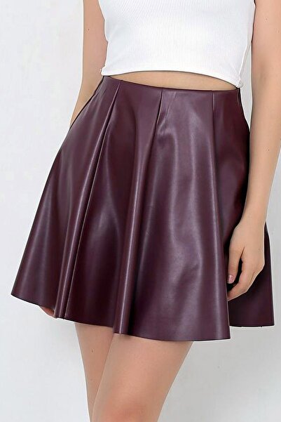 Ottawe Lastikli Bel Pileli Yüksek Belli Kısa Mini Kloş Suni Deri Etek