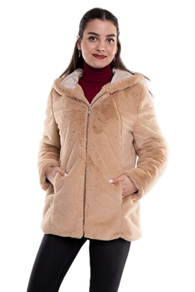 Miss Öznur 1030-1 Büyük Beden Kapüşonlu Peluş Kürklü Ceket