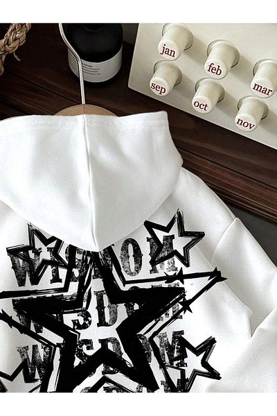 aynewmoda White Oversize Hooded Sweatshirt - Star Printed Hoodie