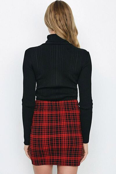 Ottawe Beli Lastikli Ekose Desenli Yüksek Belli Çizgili Tarz Sıcak Kışlık Kısa Mini Etek