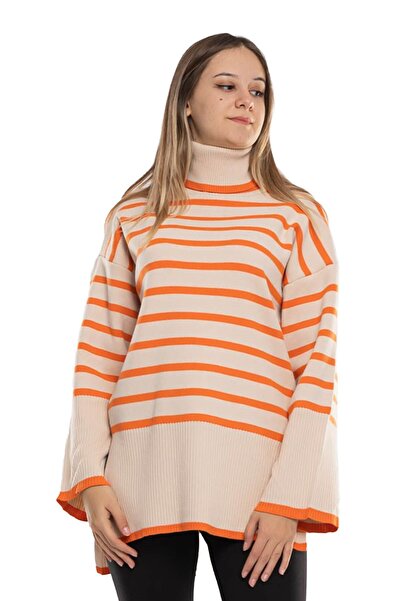 Qu Style 22215 Balıkçı Yaka Çizgili Yanı Yırtmaçlı Tunik Kadın Kazak