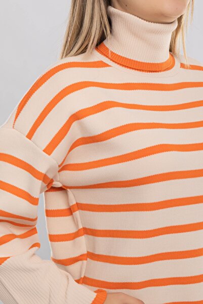 Qu Style 22215 Balıkçı Yaka Çizgili Yanı Yırtmaçlı Tunik Kadın Kazak