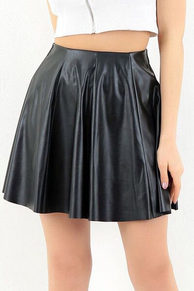 Ottawe Lastikli Bel Pileli Yüksek Belli Kısa Mini Kloş Suni Deri Etek