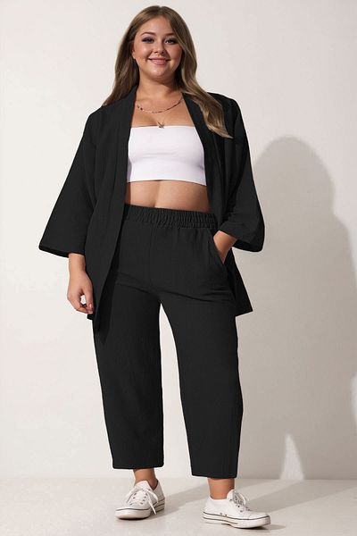 SUHIS Large Size Black Kimono Trousers Knitted Set
