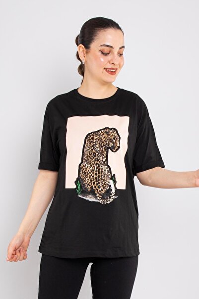 MINT NEW FASHION 4794 Taşlı Aslanlı Desen Bsiklet Yaka Kısa Kol Tshirt