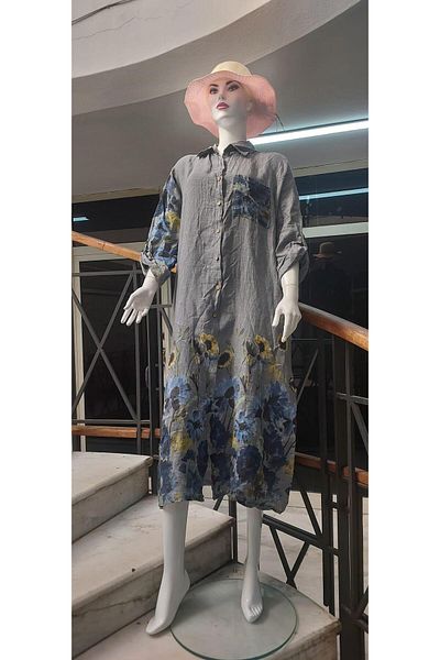Bohem Stil Bohomian Italian Long Digital Floral εμπριμέ λινό πουκάμισο Φόρεμα & Καπάκι