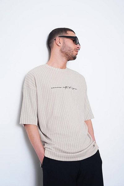 HAFKAGİYİM Κρεμ ριγέ με υφή Minimal Text F7 MH Oversize T-Shirt