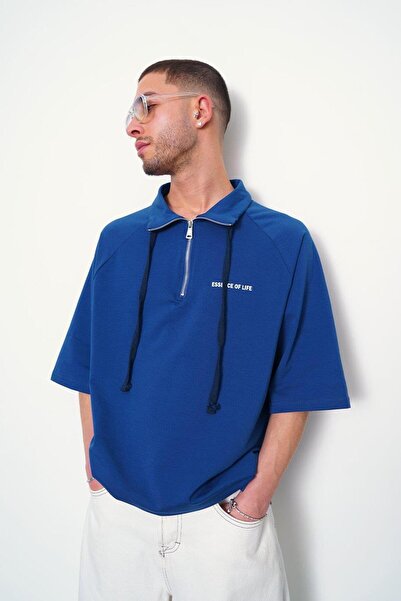 HAFKA تي شيرت برقبة بولو مقاس كبير باللون الأزرق بسحاب EE