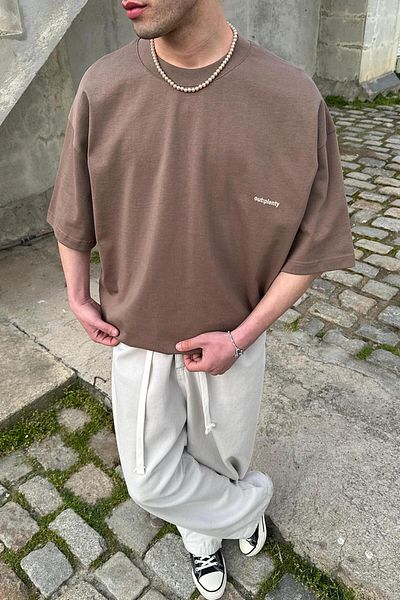HAFKAGİYİM Καφέ Λευκό Μινιμαλισμός OUTPLENTY PREMIUM Oversize T-Shirt