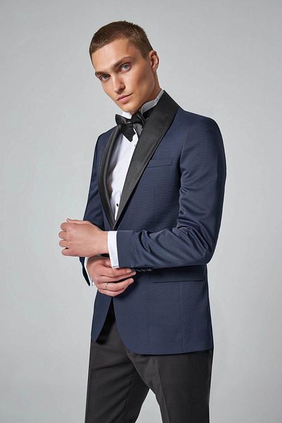 D'S Damat Slim Fit Navy Blue Patterned Groom Suit & Tuxedo Suit