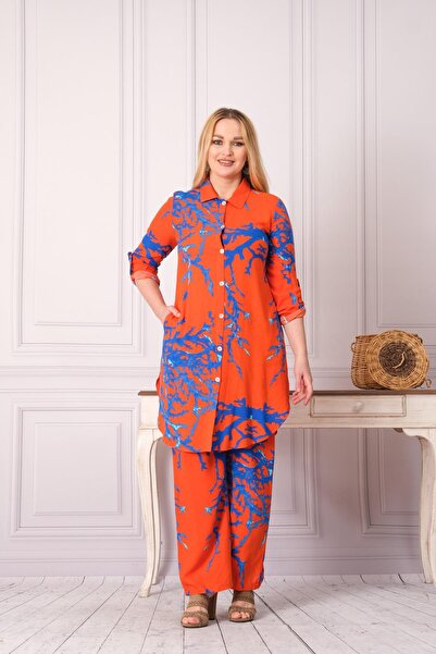 ERC 4748-1 Desenli Pamuk Gömlek Pantolon Otantik Tesettür Ikili Takım