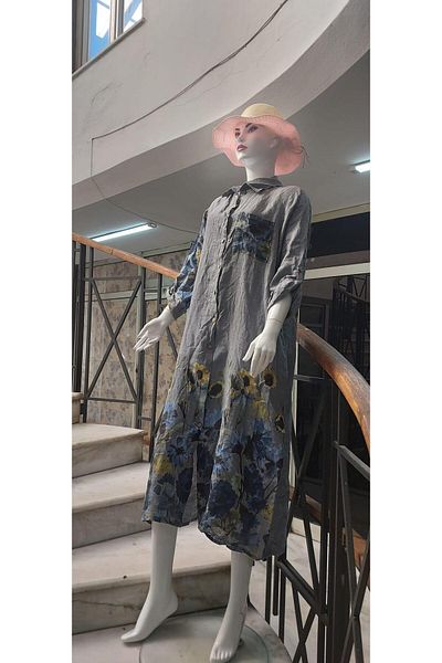 Bohem Stil Bohomian Italian Long Digital Floral εμπριμέ λινό πουκάμισο Φόρεμα & Καπάκι