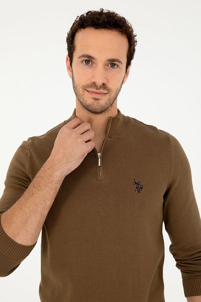 U.S. Polo Assn. Men's Slim Fit Half Zippered Khaki Basic Sweater 50293517 -Vr027