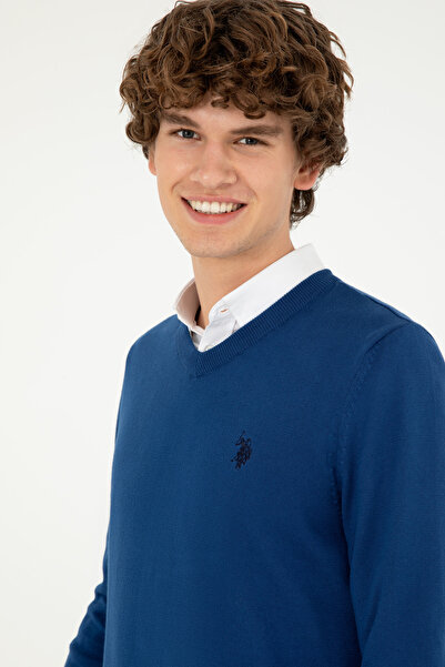 U.S. Polo Assn. Мъжки пуловер с V-образно деколте и тясна кройка, цвят индиго, модел 50293512-VR028