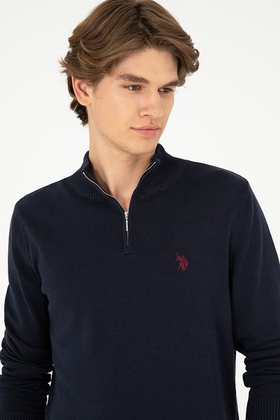 U.S. Polo Assn. Тъмносин базов мъжки пуловер Slim Fit с половин цип 50293517 -Vr033