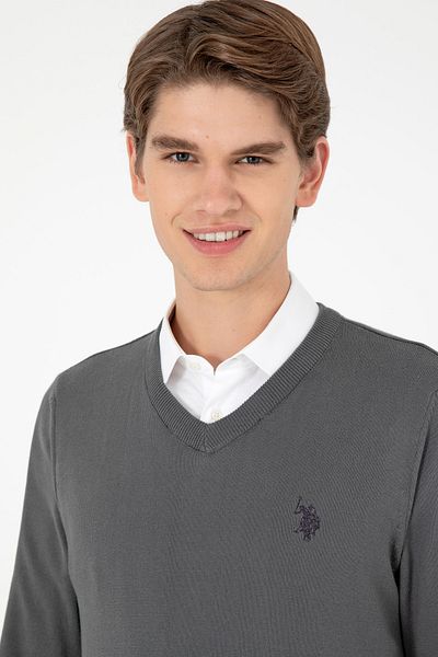 U.S. Polo Assn. Men's Slim Fit V-Neck Anthracite Basic Sweater 50293512 -Vr006