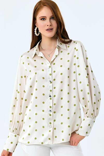 Ottawe Yakalı Omuzu Büzgülü Yakalı Uzun Balon Kollu Puantiye Desen Regular Fi...