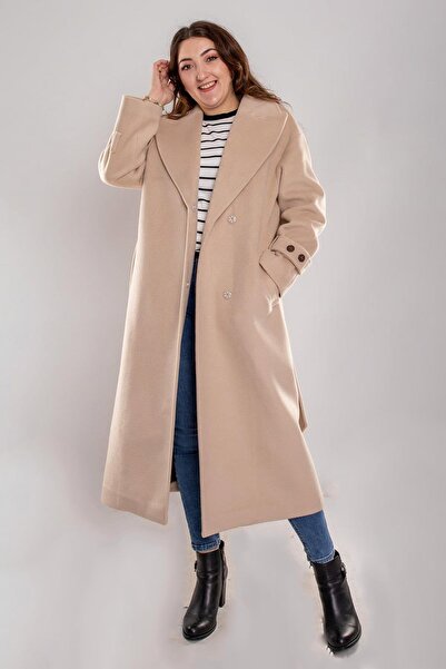 Olcay 3933 Büyük Beden Kasha Beli Kuşaklı Apolet Detay Uzun Kaşe Pardesü