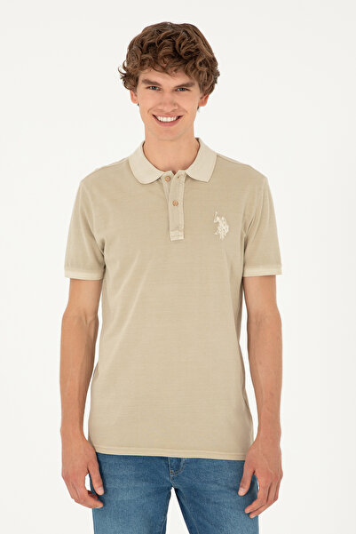 U.S. Polo Assn. Ανδρικό μπλουζάκι με λεπτή εφαρμογή Polo Neck Light Khaki Bas...