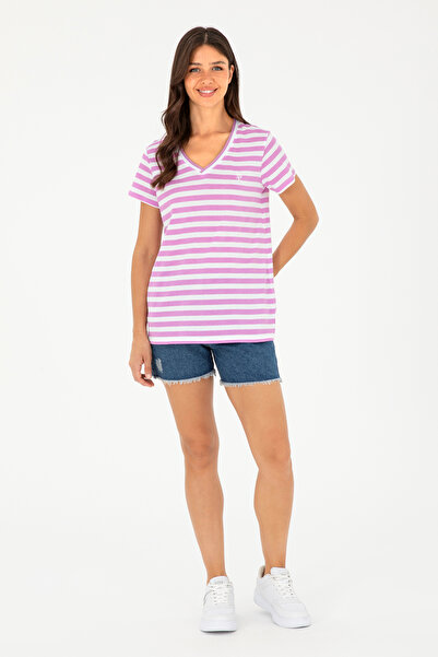 U.S. Polo Assn. Tricou cu decolteu în V cu dungi violet pentru femei 50296151-VR037