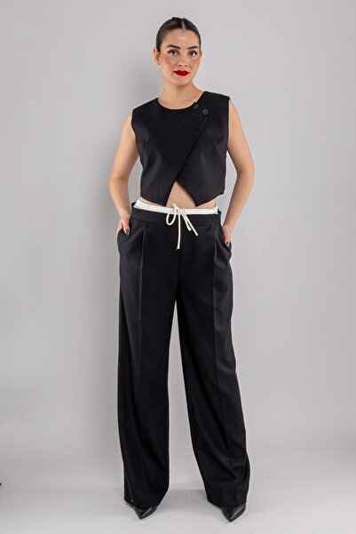 AYHAN 70697 Crop Asimetrik Yelek Bel Detay Palazzo Pantolon Takım