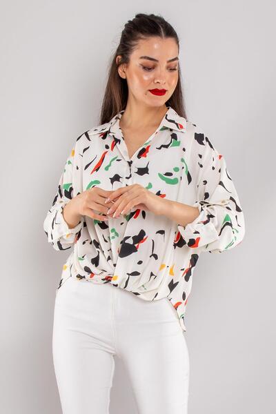 AYHAN 50676 Eteği Büzgülü Düğmeli Desenli Kısa Kadın Gömlek