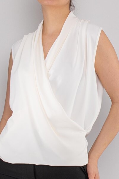 AYHAN 81856 Double Breasted Collar Flowing Sleeveless Chiffon Blouse