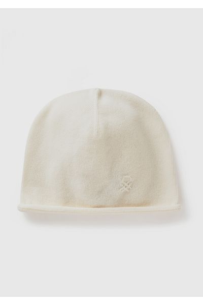 United Colors of Benetton Women's Cream Wool and Cashmere Blended Beanie with Logo Detail on the Front