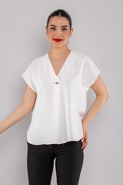 AYHAN 81908 Vyaka Short Sleeve Crepe Chiffon Blouse with Brooch