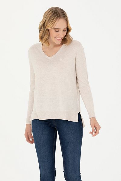U.S. Polo Assn. Pulover de bază crem Melange cu decolteu în V pentru femei 50269016 -VR159
