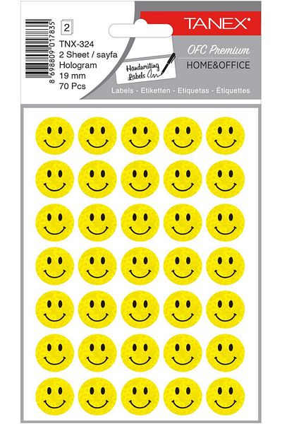 Tanex Tnx-324 Yellow Hologram Smiling Face Label 19mm Pack of 70
