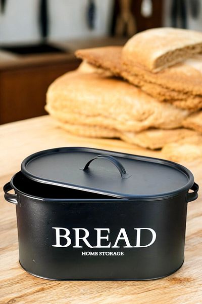 hemlife Metal Bread Bin with Metal Lid, Bread Box with Handles Black/Black