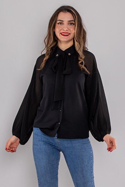 AYHAN 50730 Tül Akordion Kol Yaka Bağlamalı Şifon Bluz