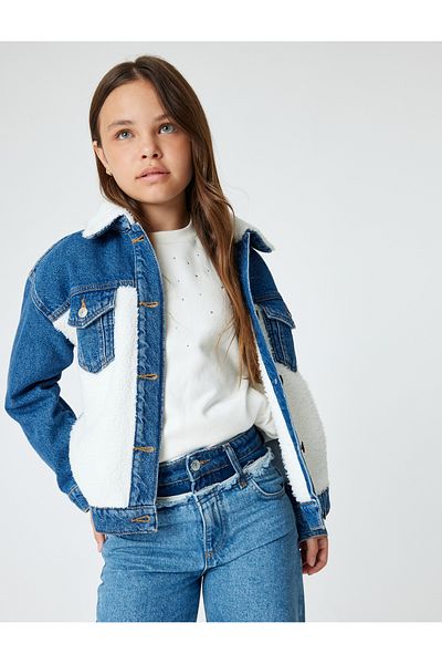 Koton Denim Jacket Plush Detailed Capped Pocket Cotton Long Sleeve