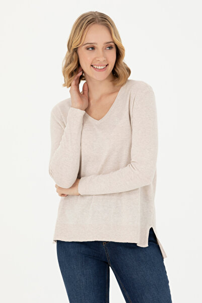 U.S. Polo Assn. Women's Cream Melange V-Neck Basic Sweater 50269016 -Vr159